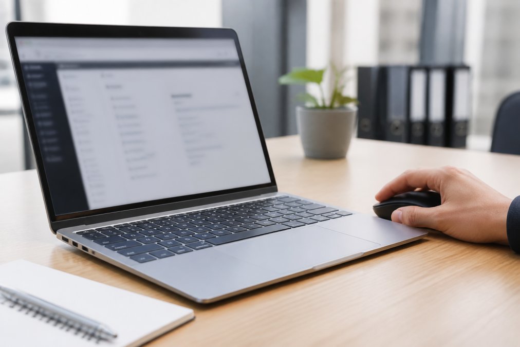 Nahaufnahme eines Laptops mit geöffnetem Plesk Control Panel auf dem Bildschirm, Hand auf der Maus, helles Büro-Umfeld
