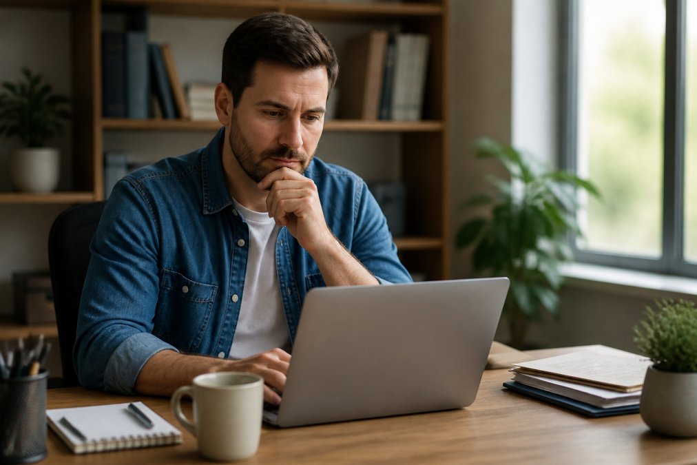 Freiberufler oder Gründer sitzt am Schreibtisch, arbeitet an einem Laptop mit WordPress-Dashboard, professionelle und konzentrierte Atmosphäre