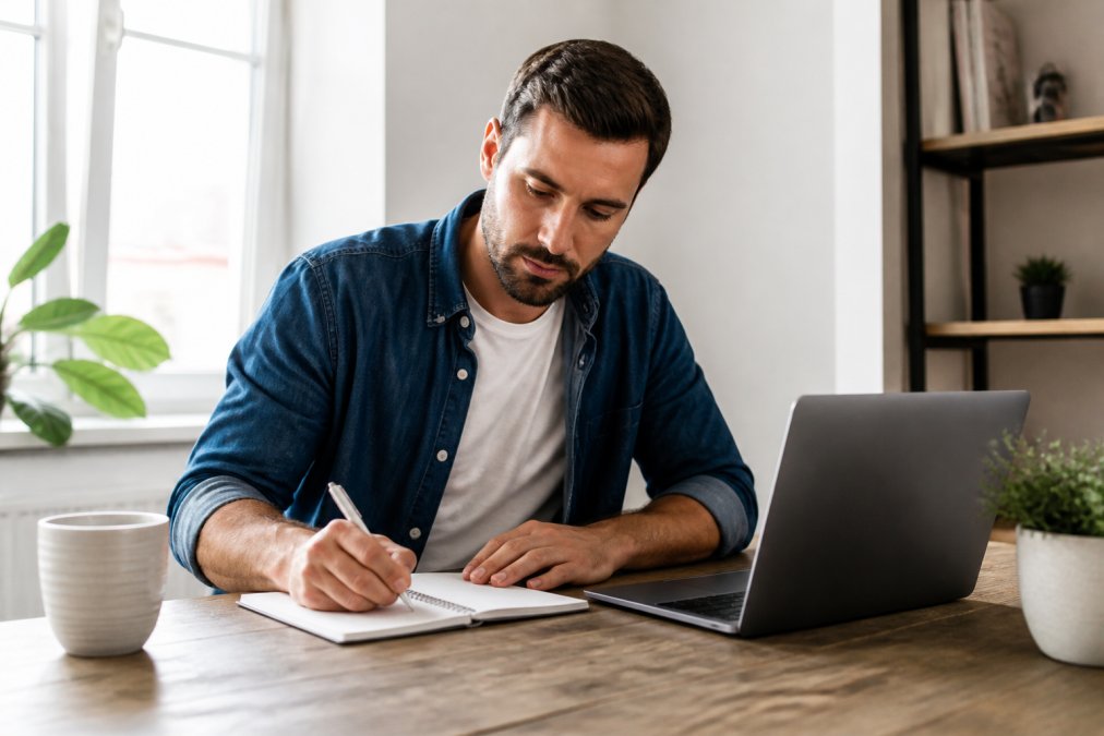 Freiberufler sitzt an einem Schreibtisch mit Laptop und notiert sich Hosting-Anforderungen auf einem Notizbuch, helles Bürolicht im Hintergrund