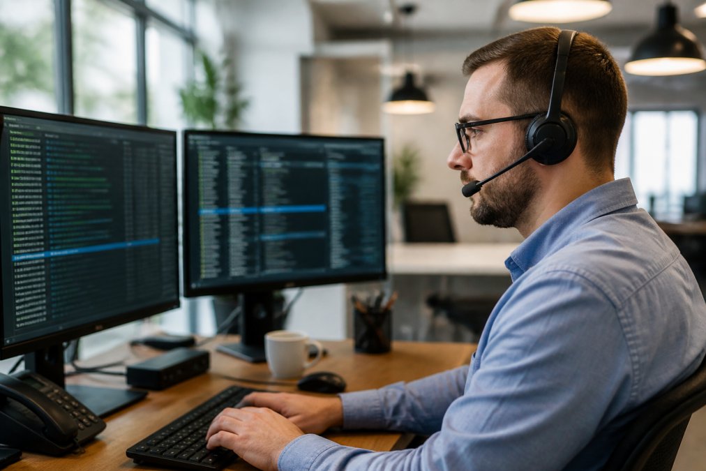 Techniker mit Headset vor mehreren Bildschirmen überwacht eine Website-Migration mit konzentriertem Blick auf die Monitore