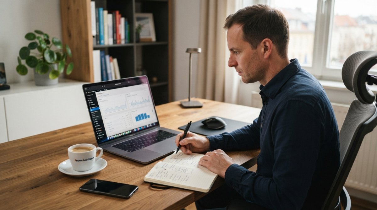 Unternehmer arbeitet konzentriert am Laptop und analysiert Website-Metriken auf dem Bildschirm, mit Notizbuch und Kaffee auf dem Schreibtisch