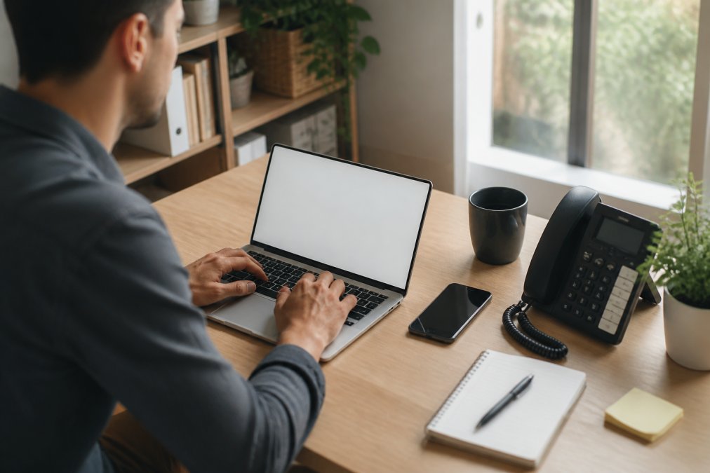 Eine Person tippt eine Support-Anfrage auf einem Laptop an einem hellen Homeoffice-Schreibtisch, daneben ein Smartphone mit geöffnetem Chat-Interface