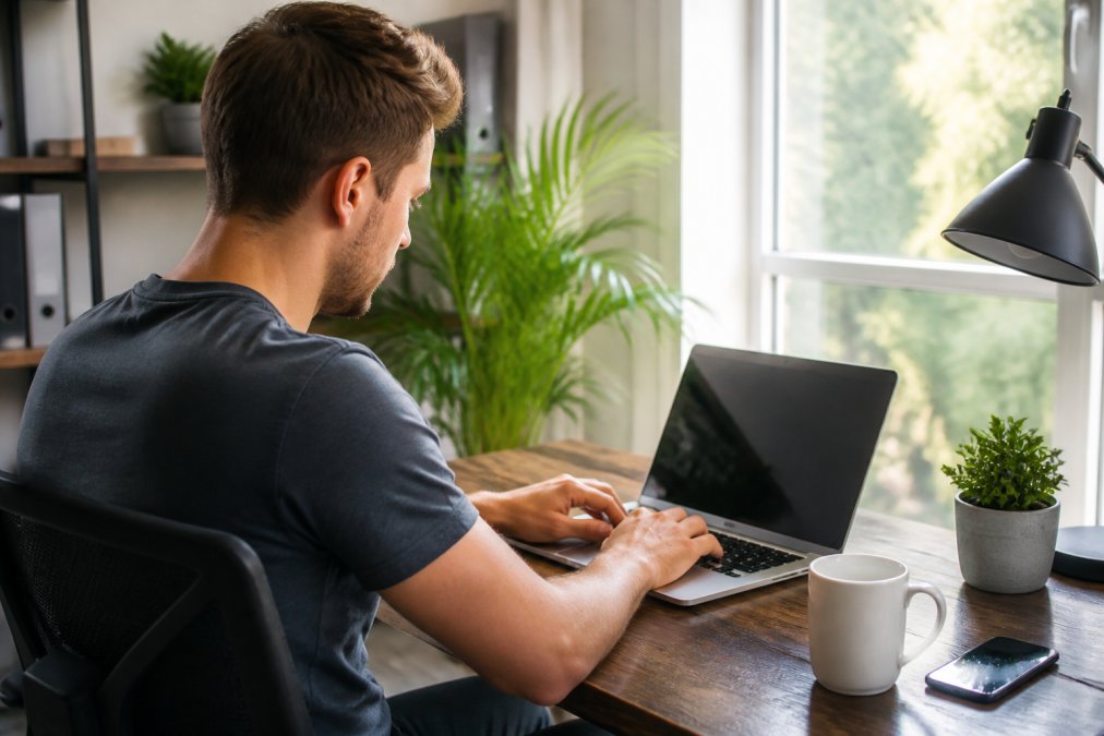 Anfänger sitzt entspannt am Schreibtisch vor einem Laptop, WordPress Dashboard ist auf dem Monitor sichtbar, natürliche Lichteinstrahlung durch das Fenster