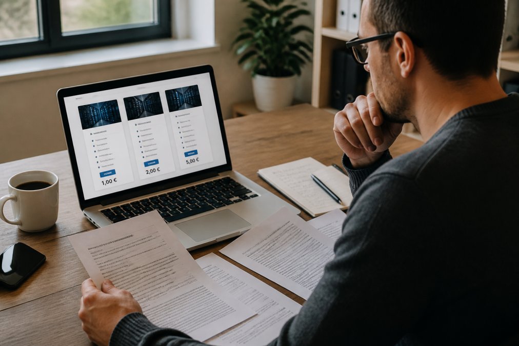 Person sitzt konzentriert am Schreibtisch und vergleicht mehrere Hosting-Angebote auf einem Laptop, mit ausgedruckten Verträgen und Notizen neben einer Tasse Kaffee