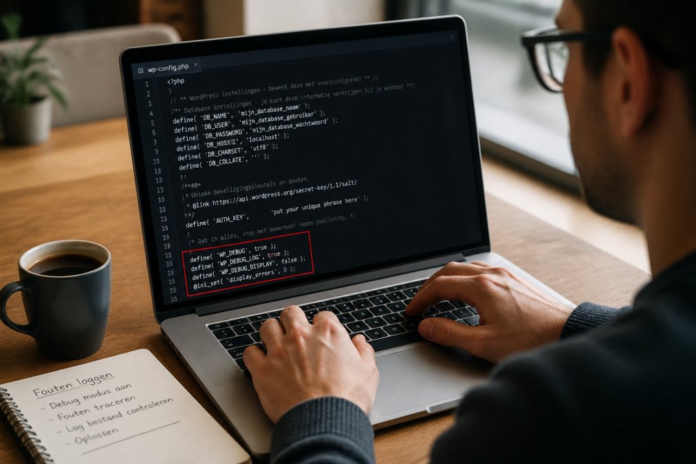 Close-up van een laptop scherm met code-editor open, toont wp-config.php bestand met debug regels zichtbaar, koffiekopje en notitieblok naast het toetsenbord