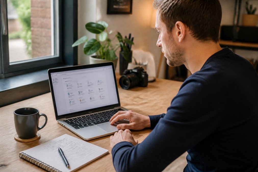 Persoon op een laptop die WordPress installeren via een hostingpaneel voorbereidt in een thuiskantoor