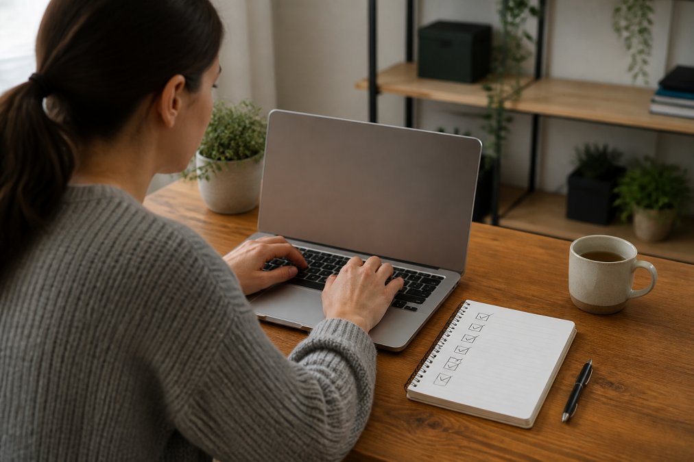 Eine Person am Schreibtisch, die auf einem Laptop die Datenschutzeinstellungen einer WordPress-Seite prüft, daneben ein Notizbuch mit Checkliste und Kaffeetasse