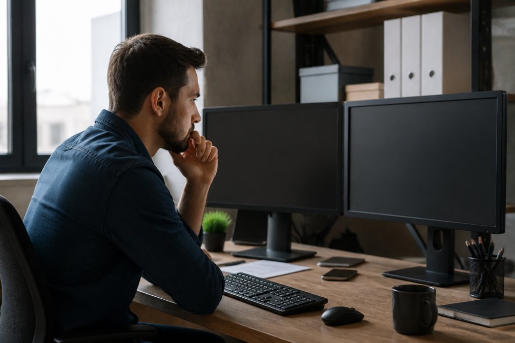 Startup founder working intently at desk with multiple monitors displaying website analytics dashboards and security alert notifications in modern office