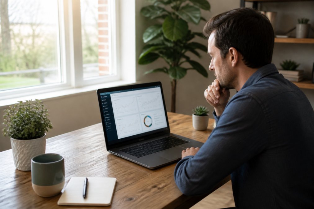 Small business owner sitting at desk reviewing website analytics and security reports on a laptop screen in a modern home office setting with natural window lighting