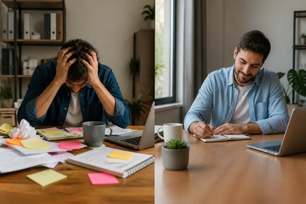 Frustrated business owner surrounded by papers and sticky notes with hands on head, representing the stress of managing WordPress updates and security issues independently in a home office setting