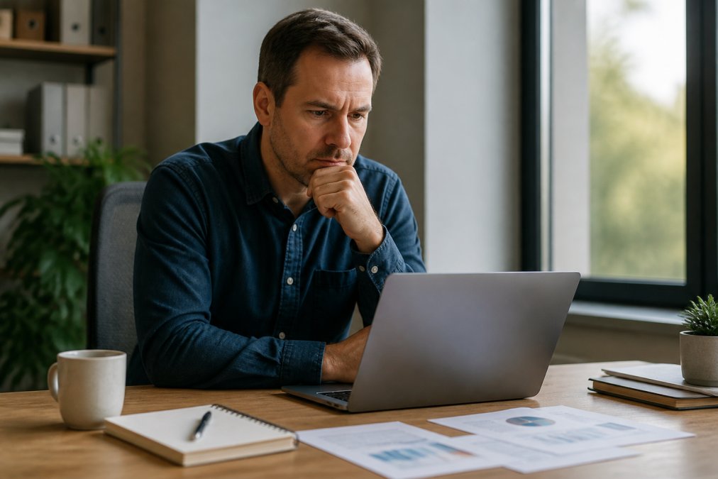 Small business owner sitting at desk reviewing website analytics on laptop with concerned expression, modern office with papers, coffee cup, and natural window lighting