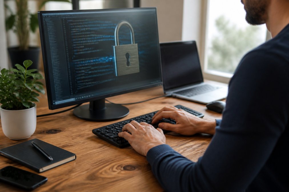 Hands typing on keyboard with security padlock icon visible on screen, representing website security and maintenance monitoring in professional setting with desk and monitors