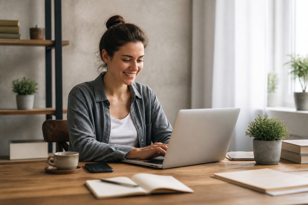 Junge Unternehmerin sitzt vor einem Laptop an ihrem Schreibtisch und lächelt, während sie ihre neue Website aufbaut - modernes, helles Home-Office-Setting