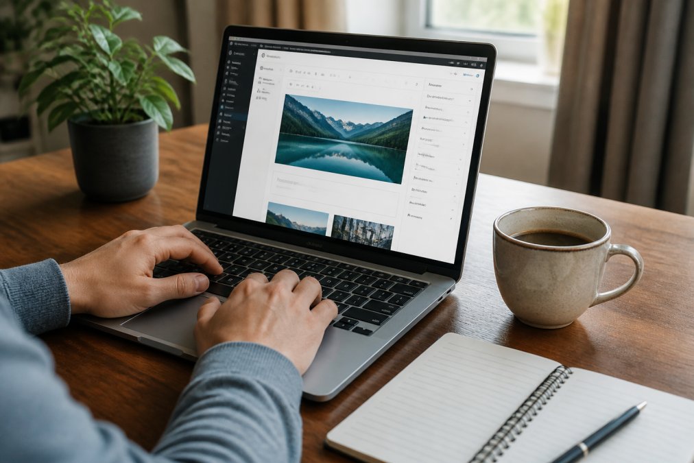 Nahaufnahme von Händen, die auf einer Laptop-Tastatur tippen, auf dem Monitor ist das WordPress-Dashboard mit einem visuellen Seiteneditor sichtbar, daneben eine Tasse Kaffee und ein aufgeschlagenes Notizbuch auf einem modernen Schreibtisch