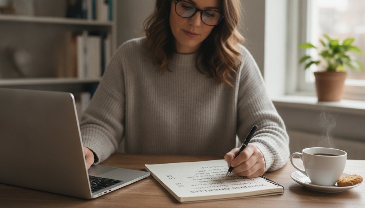 Ondernemer die achter een laptop zit en een checklist controleert op een notitieblok, met een kopje koffie naast zich, in een modern kantoor