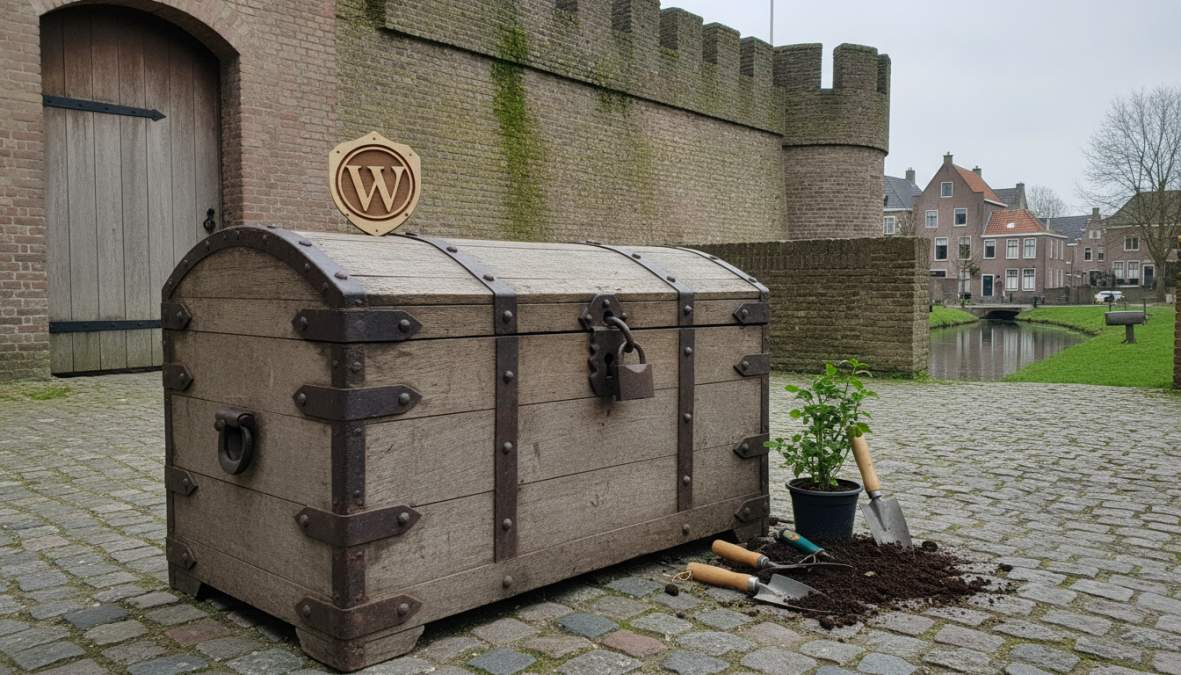 Close-up van iemand die op een laptop werkt met een groen slot-icoon op het scherm, werkplek met koffie en notitieboek