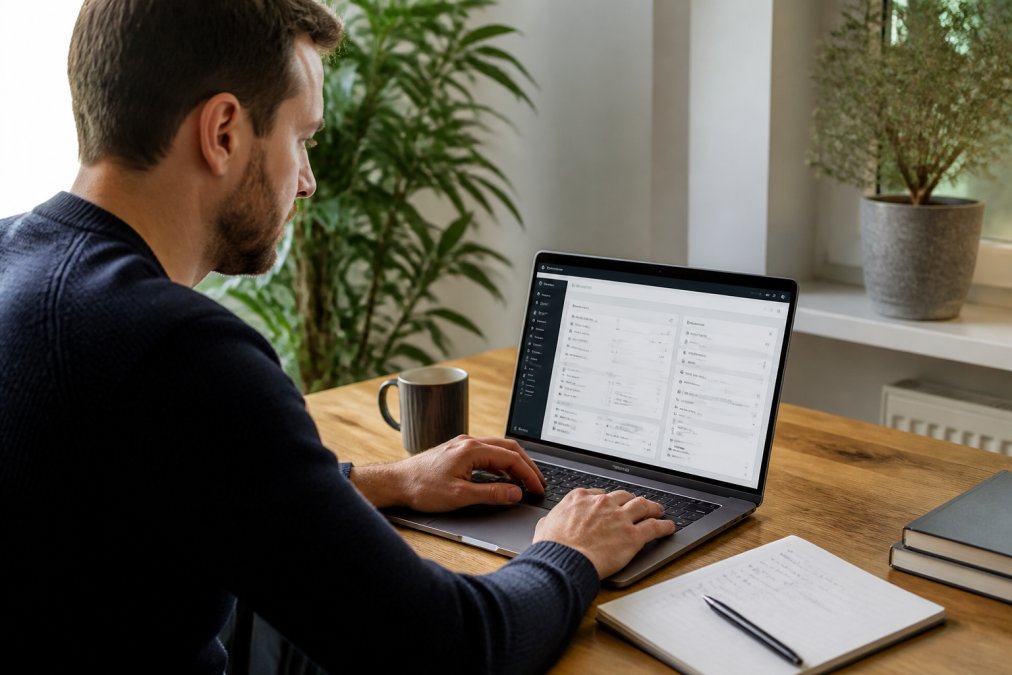 Webmaster concentreren op laptop met WordPress-dashboard zichtbaar, werkplek met notities en koffie, serieuze werksfeer
