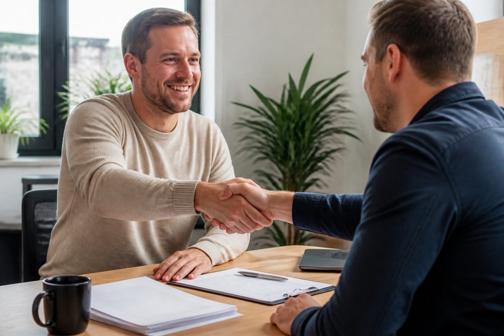 Twee professionals in gesprek over contract, documenten op tafel, vertrouwde sfeer, handdruk of akkoord moment