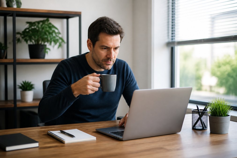 Webmaster zittend aan bureau met laptop, controleren van WordPress-instellingen met kopje koffie, natuurlijke kantoorverlichting