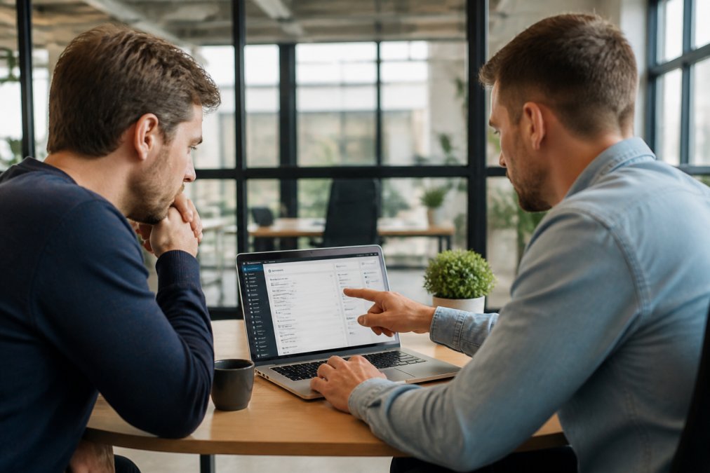 Twee IT-professionals in modern kantoor die samenwerken, één wijst naar laptop-scherm met WordPress dashboard, daglicht