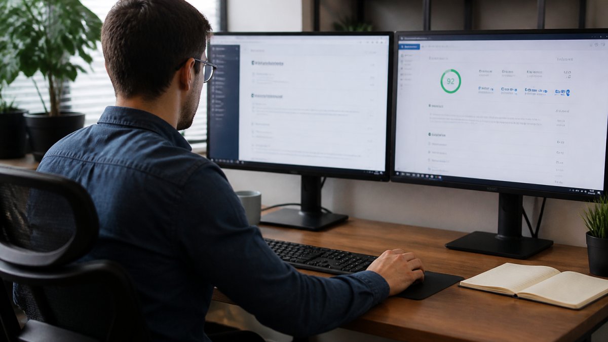 Webentwickler analysiert WordPress Performance verbessern Metriken und Ladezeiten an mehreren Bildschirmen.