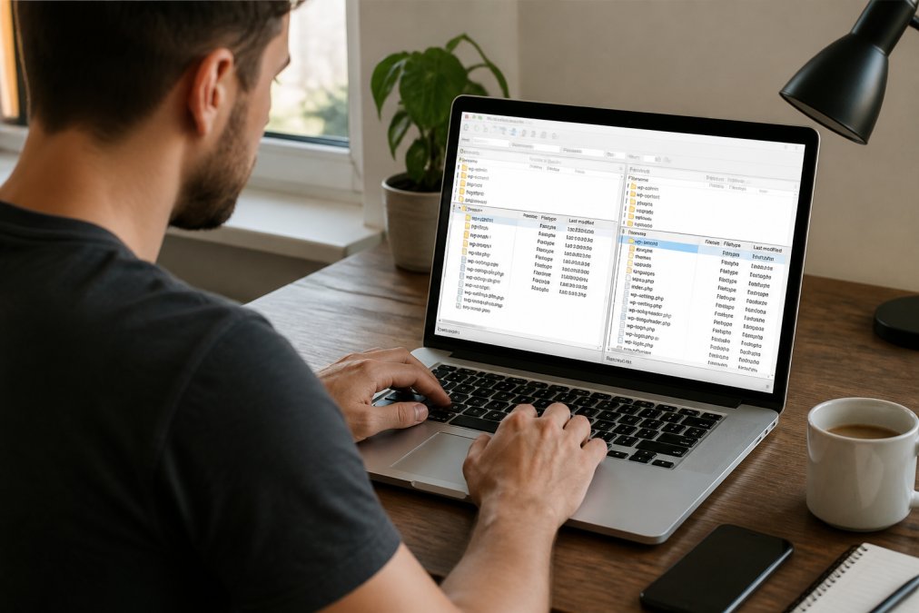 Handen op toetsenbord terwijl iemand een FTP-client opent op een computerscherm met WordPress-mappen zichtbaar