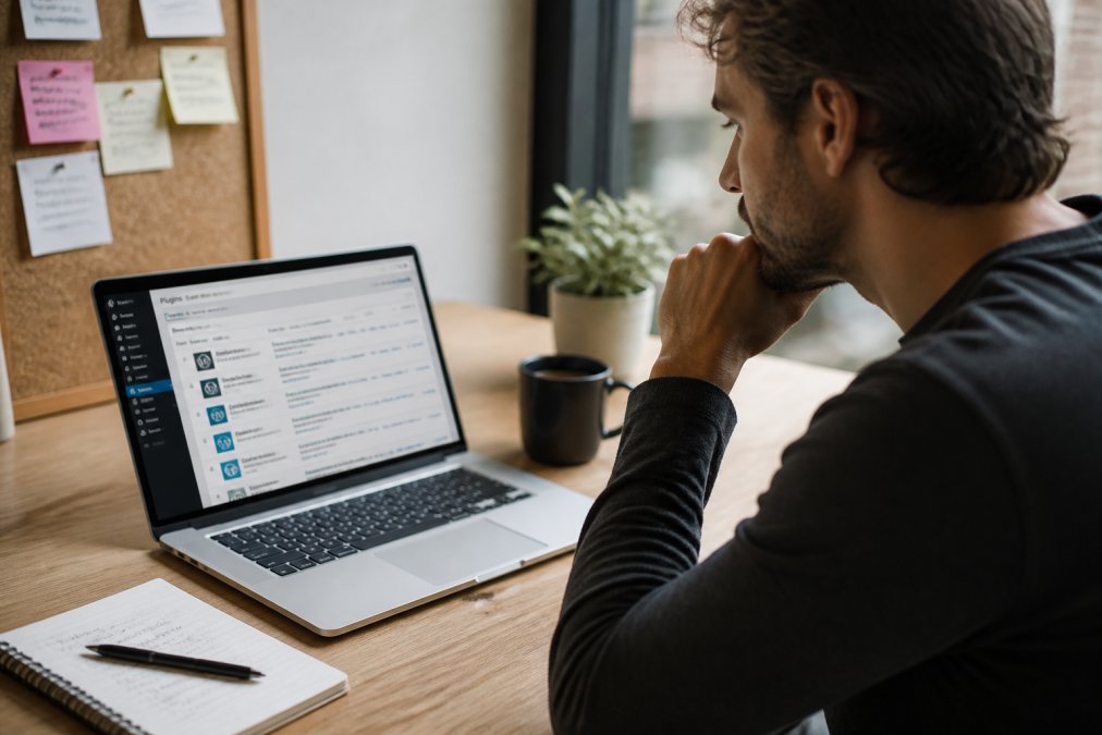 Een persoon zit achter een bureau met een laptop waarop een WordPress-dashboard zichtbaar is. Op het bureau liggen een kop koffie en een notitieboekje. De persoon kijkt nadenkend naar het scherm, alsof hij de prestaties van de website controleert.