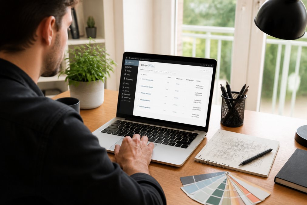 A designer sitting at a tidy desk with a laptop showing a WordPress dashboard, sketchbook and color swatches nearby, warm natural light