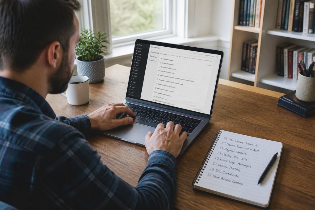 Small business owner sitting at a desk reviewing security settings on a laptop screen, with a handwritten security checklist visible on a notebook beside the keyboard, natural window lighting