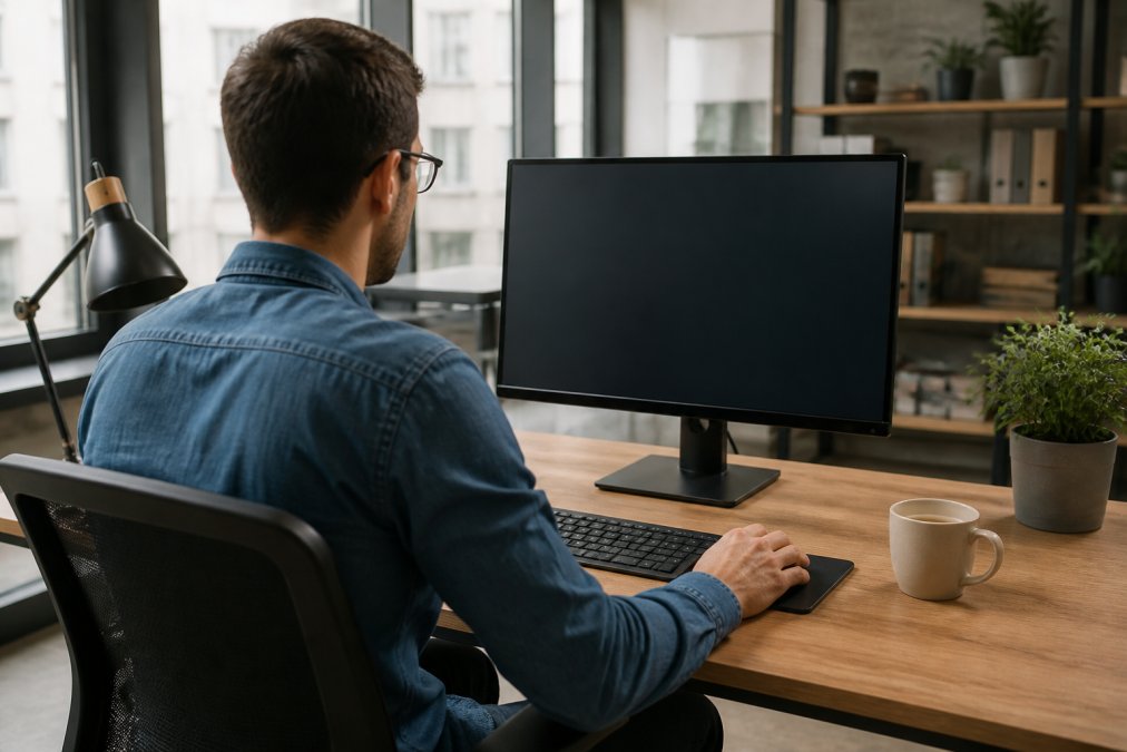 Person sitzt an einem Schreibtisch und schaut auf einen Monitor, auf dem das WordPress Admin-Panel mit verschiedenen Einstellungsoptionen und Menüpunkten zu sehen ist, mit einer Tasse Kaffee daneben in einem hellen Büro