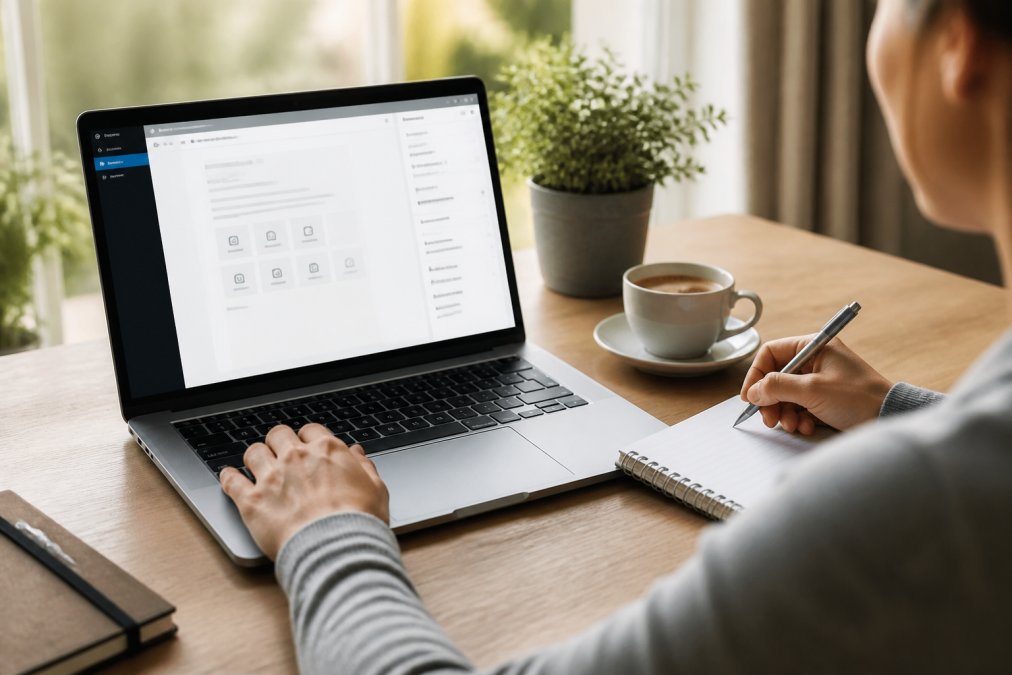 Nahaufnahme einer Person, die mit Laptop und Notizblock arbeitet und den WordPress Gutenberg Block-Editor auf dem Bildschirm nutzt, mit verschiedenen Block-Optionen sichtbar und einem Kaffee daneben
