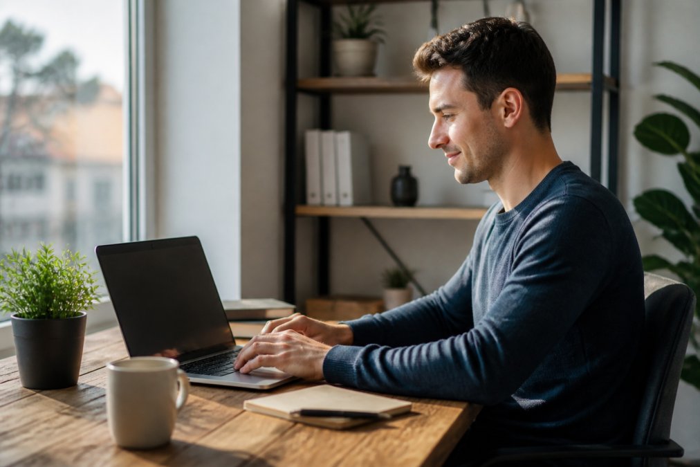 Person sitzt mit Laptop am Schreibtisch, Bildschirm zeigt WordPress-Dashboard mit Navigationsmenü und Einrichtungsoptionen, natürliche Fensterbeleuchtung fällt auf das Gesicht