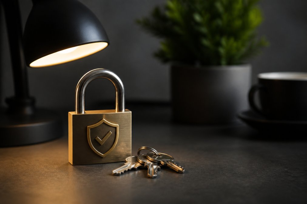 Laptop-Bildschirm zeigt WordPress-Sicherheits-Dashboard mit Schlosssymbol, SSL-Zertifikat-Icon und grünem Sicherheitsstatus, dunkler Hintergrund mit Schreibtischlampe