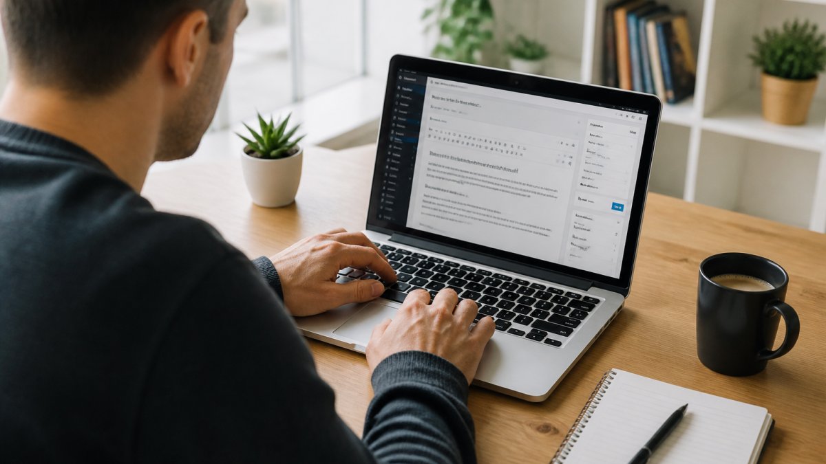 Person sitzt am Laptop und arbeitet an einem WordPress-Beitrag mit sichtbarem SEO-Plugin-Panel auf dem Bildschirm, helles Büro-Setting mit Kaffee und Notizbuch
