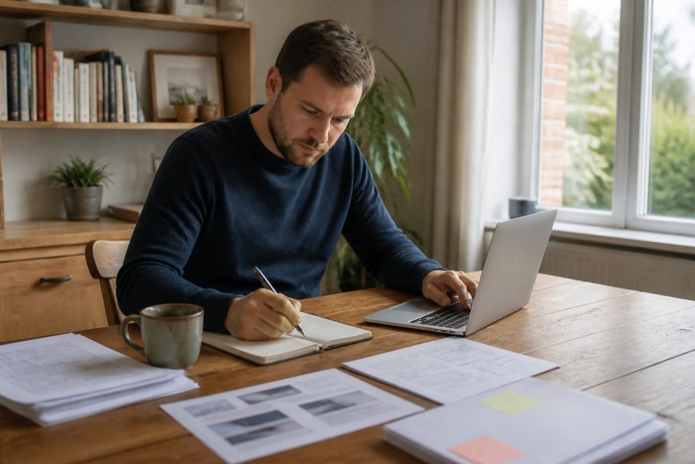 Iemand die geconcentreerd aan een bureau zit met een laptop, notitieboek en kopje koffie, terwijl hij voorbereiding treft voor een websitemigratie met verschillende documenten uitgespreid