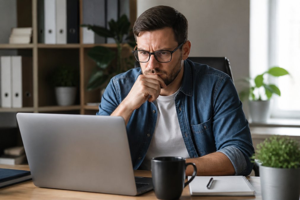 Webmaster die geconcentreerd naar een computerscherm kijkt met foutmeldingen, met een gefocuste, serieuze uitdrukking terwijl hij foutopsporing uitvoert