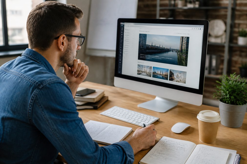 Webmaster die op een monitor naar prestatiegegevens kijkt, met notities en een kopje koffie op het bureau