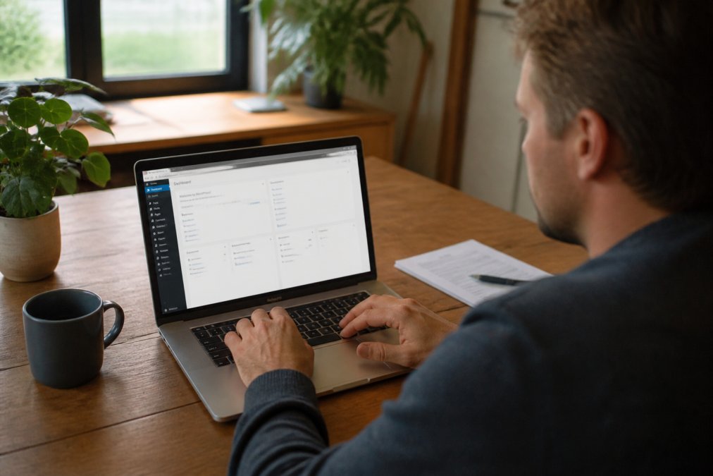 Handen die een laptop bedienen met een WordPress dashboard zichtbaar op het scherm, terwijl een snelheidstestrapport wordt geanalyseerd