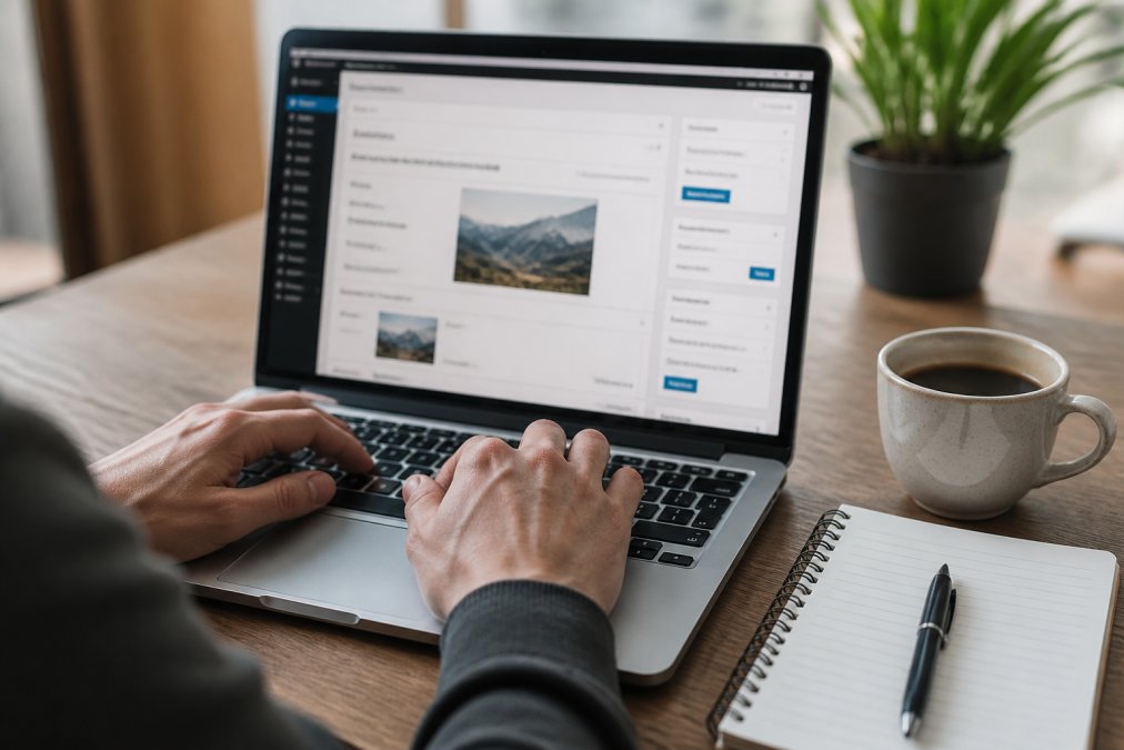 Close-up van handen die op een laptop werken met een WordPress-dashboard zichtbaar op het scherm, een kop koffie op het bureau naast een notitieboek