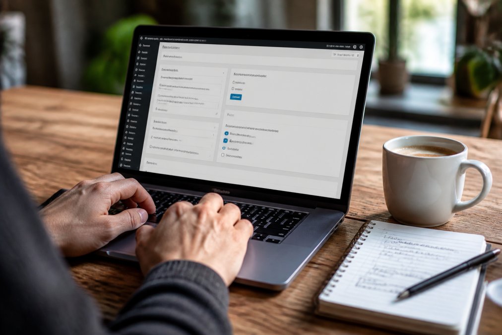 WordPress spam beveiliging 2026: zo blokkeer je spam Iemand typt op een laptop met een WordPress dashboard om wordpress spam tegen te gaan op een houten bureau.