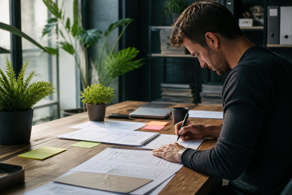 Webdesigner aan het werk op een computer in modern kantoor, omgeven door notities over website-strategie, wireframes en een kopje koffie op het bureau
