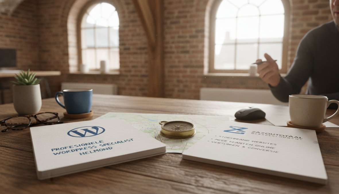 Professionele webdesigner die met een klant aan een bureau werkt, WordPress-updates op een laptop bespreekt in modern kantoor met natuurlijk licht