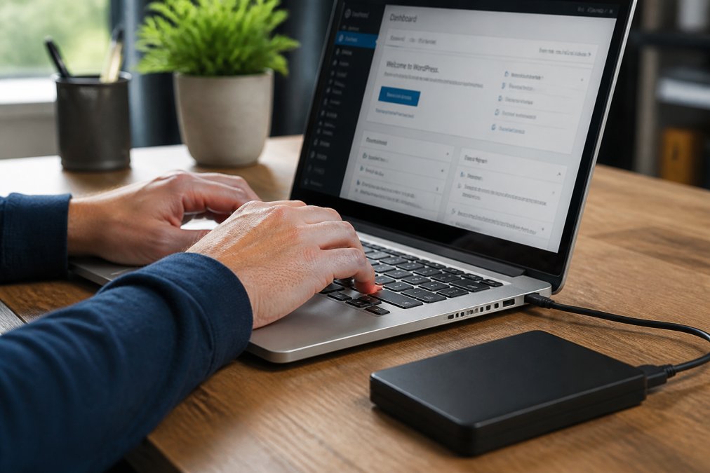 WordPress updates uitvoeren zonder fouten: stappenplan Close-up van handen die typen op een laptop met een WordPress-dashboard open op het scherm, een externe harde schijf naast het toetsenbord op een houten bureau in zacht kantoorlicht