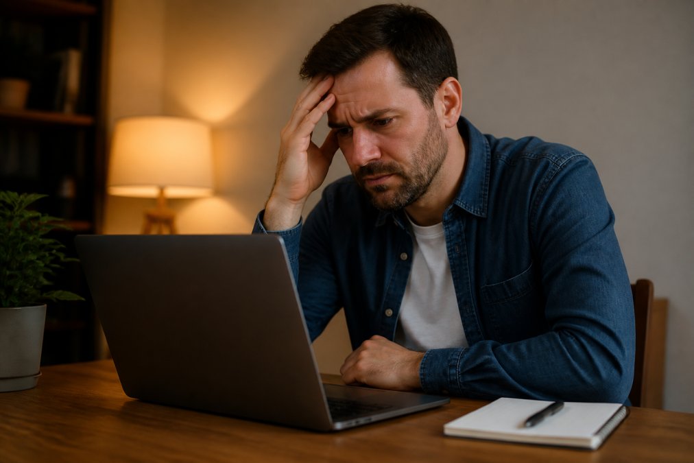 Persoon die gefrustreerd naar een laptopscherm kijkt waarop een foutmelding zichtbaar is, zittend aan een bureau met een notitieboekje en pen ernaast, warm bureaulicht op de achtergrond