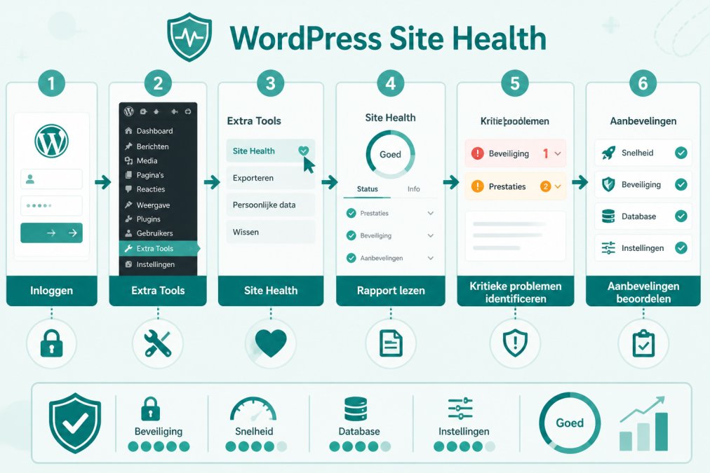 Flowchart van WordPress Site Health stappen: inloggen → Extra Tools → Site Health → rapport lezen → kritieke problemen identificeren → aanbevelingen beoordelen