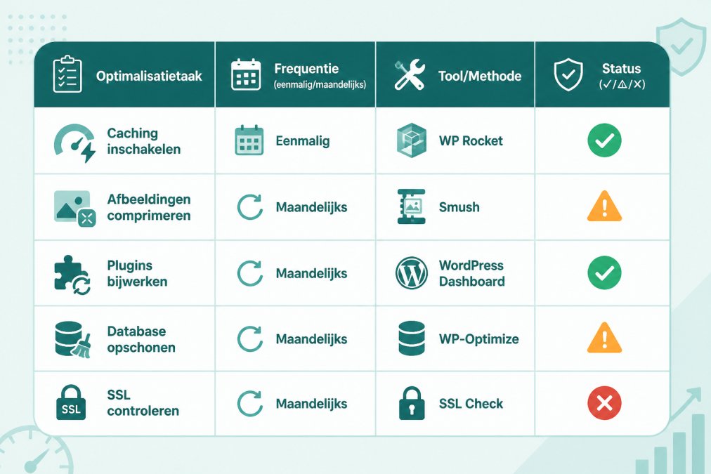 Checklist-matrix met kolommen: Optimalisatietaak, Frequentie (eenmalig/maandelijks), Tool/Methode, Status (✓/⚠/✗), met rijen voor: caching inschakelen, afbeeldingen comprimeren, plugins bijwerken, database opschonen, SSL controleren
