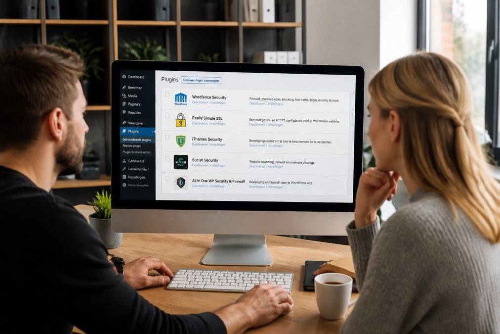 Scherm van een WordPress dashboard met beveiligingsplugins zichtbaar in de plugin-sectie, werkplek met monitor