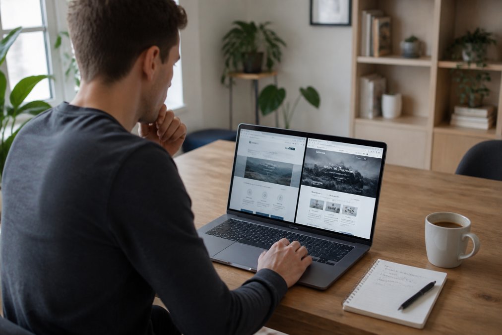Beginnende website-eigenaar vergelijkt WordPress versus Wix op een laptop in een licht thuiskantoor.