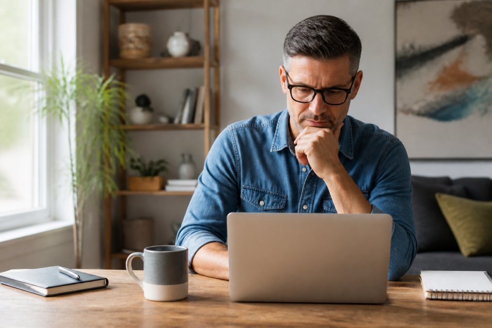 Small business owner sitting at a desk with a laptop, focused expression while navigating a website builder dashboard with a cup of coffee nearby, natural window lighting