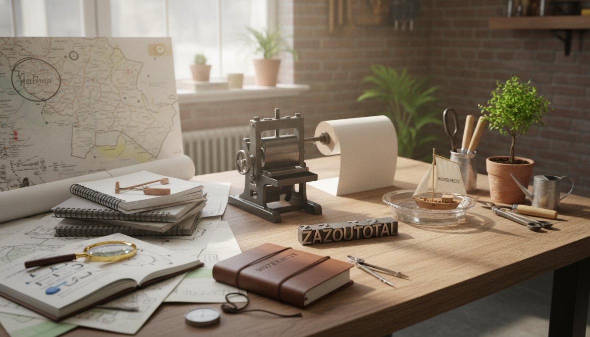 Webdesigner aan het werk op laptop met wireframes en design-notities op bureau, in professionele werkruimte met natuurlijk licht